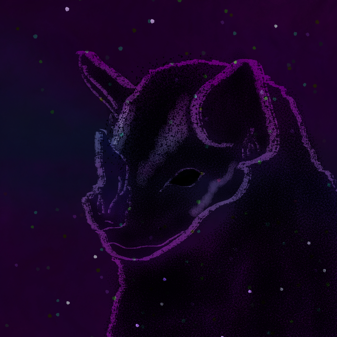 Illustrated profile of a nose-leaf bat design in a purple, blue galaxy sky